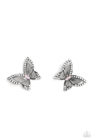 Wispy Wings - Pink - Rhinestone Encrusted Butterfly Paparazzi Post Earrings