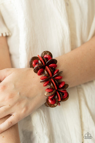 Caribbean Canopy - Red - Brown Wooden Bead Paparazzi Stretchy Bracelet