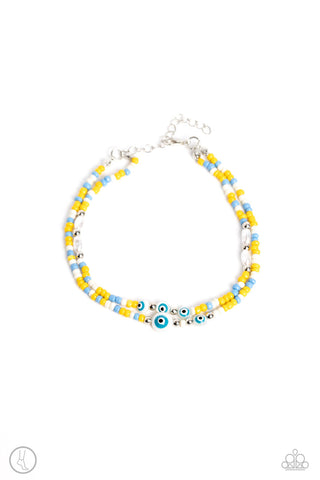 Enchanting Energy - Yellow - Blue and White Seed Bead Evil Eye Charm Paparazzi Anklet