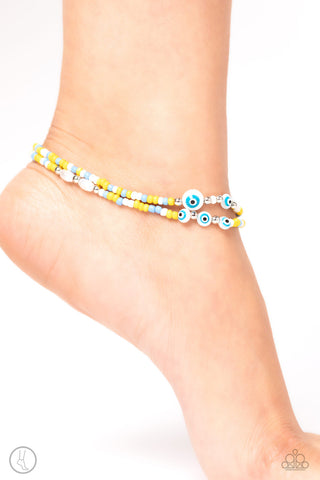 Enchanting Energy - Yellow - Blue and White Seed Bead Evil Eye Charm Paparazzi Anklet