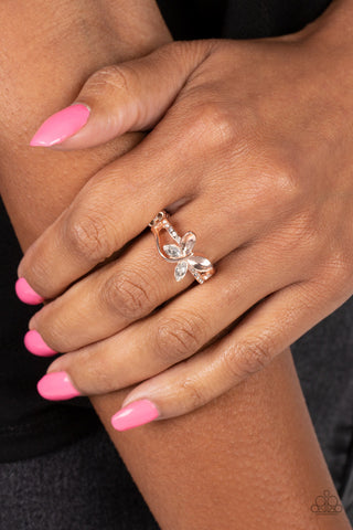Fetching Flutter - Rose Gold - White Rhinestone Butterfly Paparazzi Dainty Ring