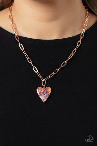 Kiss and SHELL - Copper - Multi-Colored Shell Heart Pendant Paparazzi Short Necklace - 2023 Empower Me Pink Exclusive