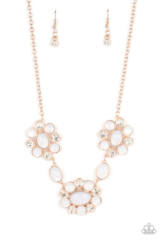 Your Chariot Awaits - Rose Gold - White Rhinestone Opalescent Bead Paparazzi Short Necklace - October 2022 Life of the Party Exclusive